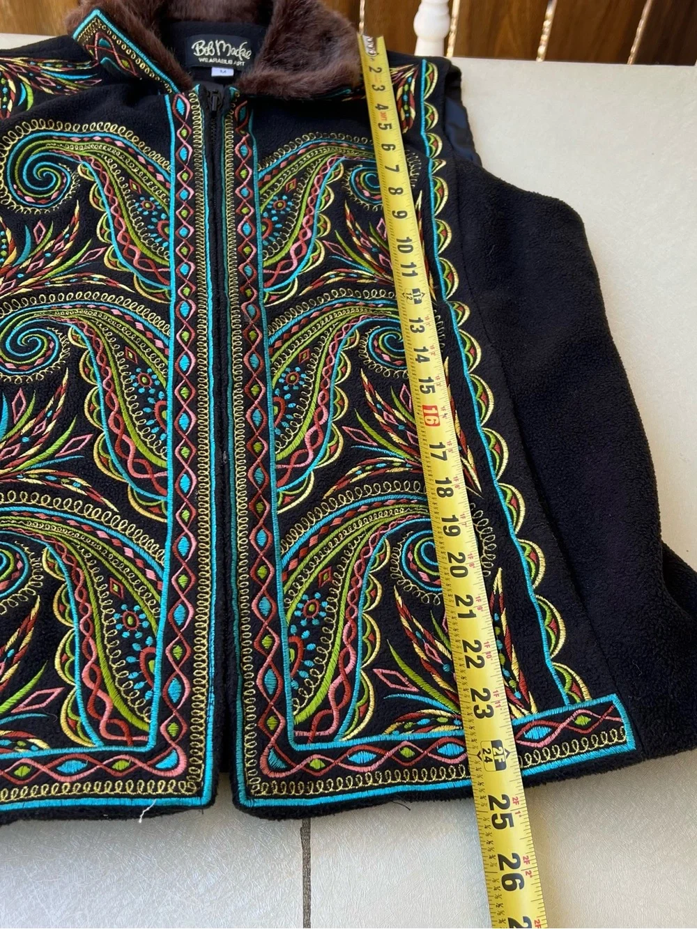 Bob Mackie Wearable Art embroidered fleece vest with faux fur collar Size M